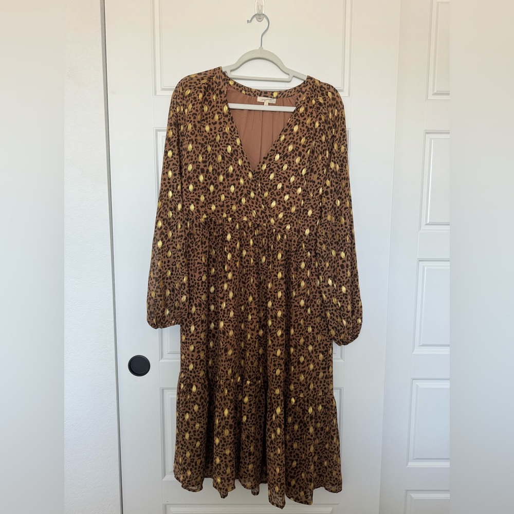 Printed tiered maxi dress with gold foil detail. Never worn, size L.